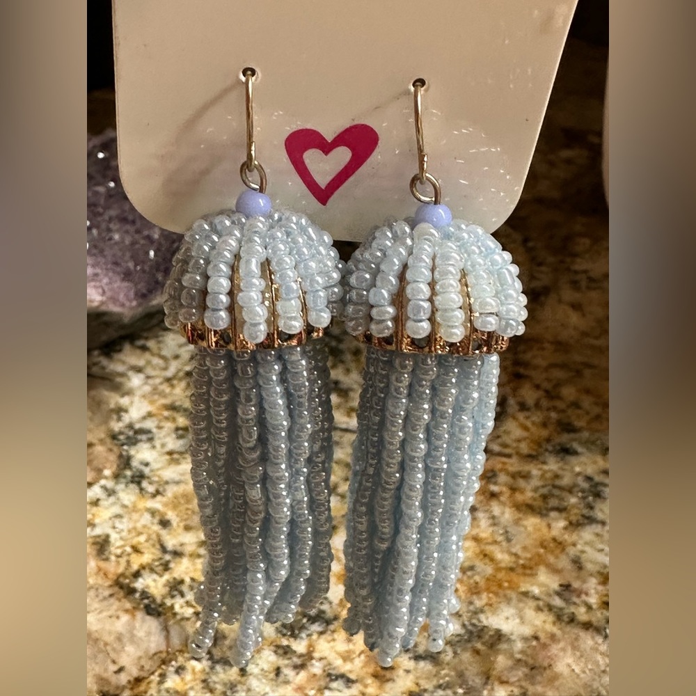 Gold Blue Bead Tassel Dangle Earrings - Picture 5 of 9